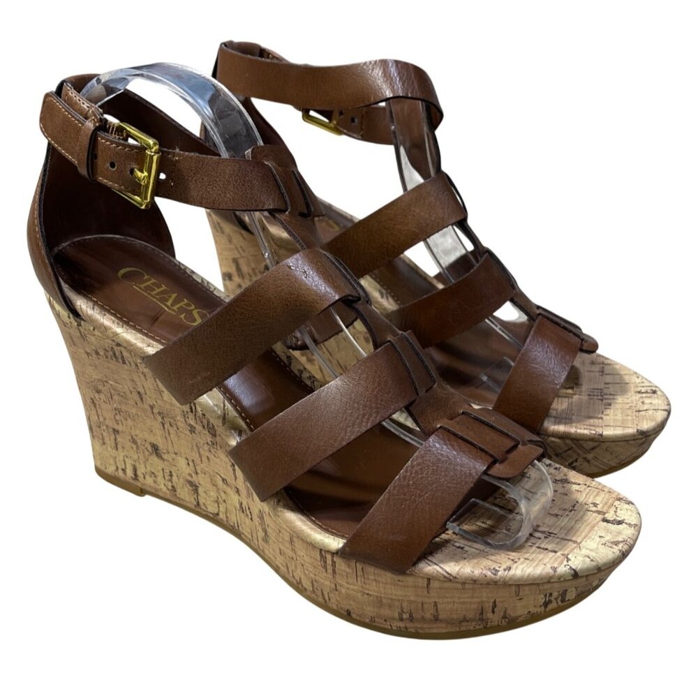 Chaps Cork Wedge Sandals Cage Brown 7B Heels Open Toe Shoe